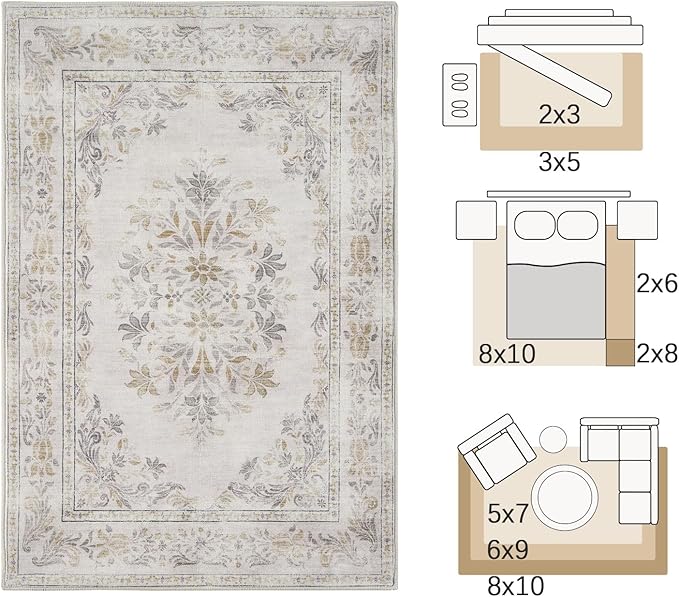 jinchan Hallway Runner Rug 2x8 Vintage Floral Distressed Design - Machine Washable Non-Slip Low-Pile Soft Thin Faux Wool Kitchen Carpet for Farmhouse Bedroom Laundry Room(2x8ft, Light Grey)