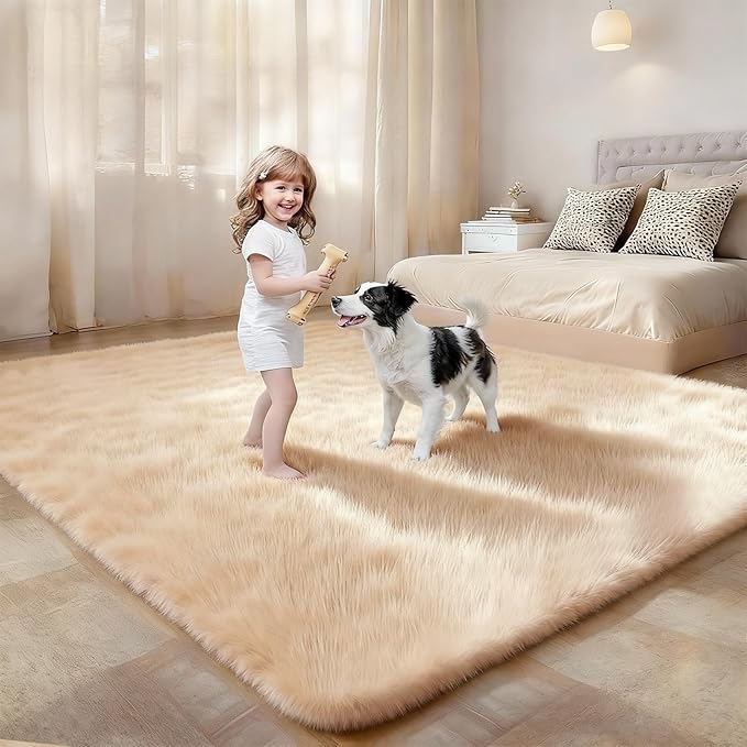 5x7 Solid Fluffy Camel Area Rug – Washable, Durable,Large Living Room Rug, Non-Slip High Pile Shag Rugs for Bedroom, Bedside, Dorms, Nursery Rooms, Kids Room, Soft Indoor Floor Carpet Decor
