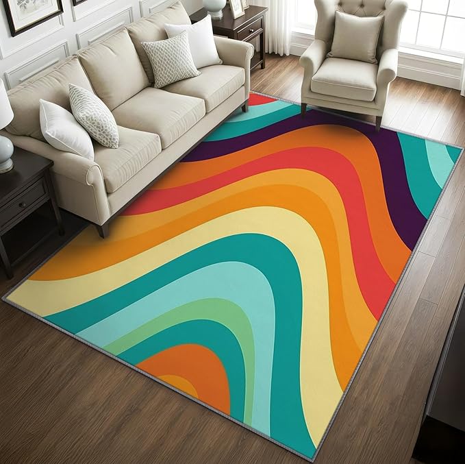 Retro Rugs for Living Room 70s -Abstract Wave Rug, 3x5 ft, Colorful Rainbow Area Rug, Groovy Geometric Washable Non-Slip Rugs for Entryway, Mid Century Retro 70s Home Decor & Gifts