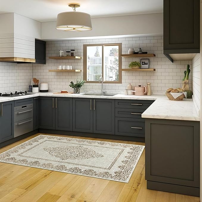 Easy-Going Area Rug 4x6 Washable Boho Neutral Rugs for Living Room Non-Slip Bedroom Rug Low Pile Lightweight Floral Brown Print Vintage Throw Rug for Dining Room Bathroom Kitchen Home Office Carpet