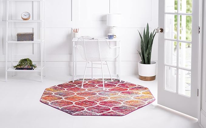 Rugs.com Lattice Frieze Collection Rug – 5' Octagon Multi Medium Rug Perfect for Living Rooms, Kitchens, Entryways