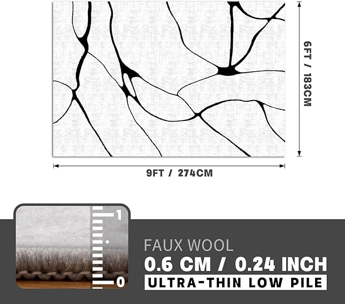 YIHOUSE Abstract 6'x9' Black and White Rug- Washable Area Rug for Living Room Bedroom, Large Modern Non-Slip Ultra-Thin Rug Home Decor,Warping,6x9ft