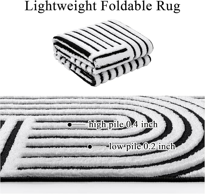 SHACOS Soft Cozy Fluffy Arch Pattern High Low Pile Rugs 4'x6' Non Slip Washable Scandinavian Minimalist Rug Modern Geometric Arc Carpet for Living Room Bedroom Dining Room, Black White