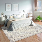 GLN Rugs Traditional Collection - Machine Washable Area Rug, Traditional Washable, Non Slip, Low Pile Chenille Rug, Living Room, Bedroom, Kitchen Rug (5' x 7' Cream/Gray)