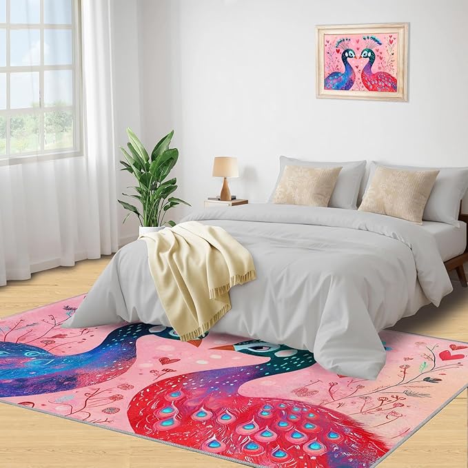 Cartoon Peacock Rug Large - 6x8 Rug, Colorful Peacock Washable Rugs for Living Room, Floral Botanical Carpet, Boho Non-Slip Area Rugs for Bedroom, Peafowl Carpet - Peafowl Home Decor & Gifts