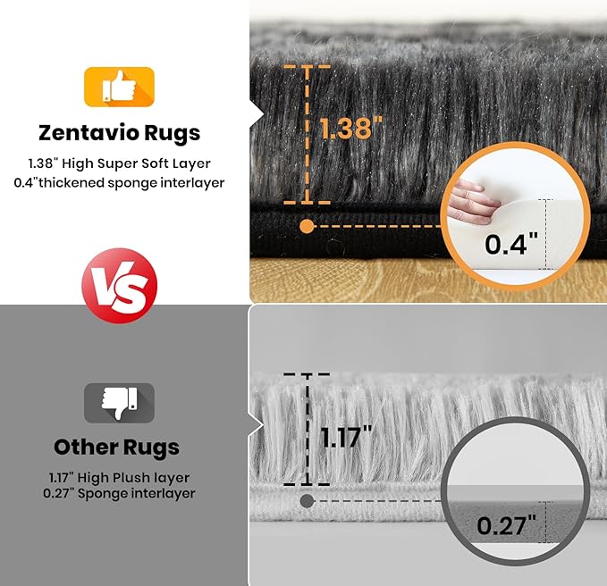Zentavio Black and Grey Area Rugs for Living Room Large Men Room Carpet 9x12 Bedroom Fluffy Furry Shag Aesthetic Plush High Pile Floor Rug for Kids Room Dorm Home Decor Gray