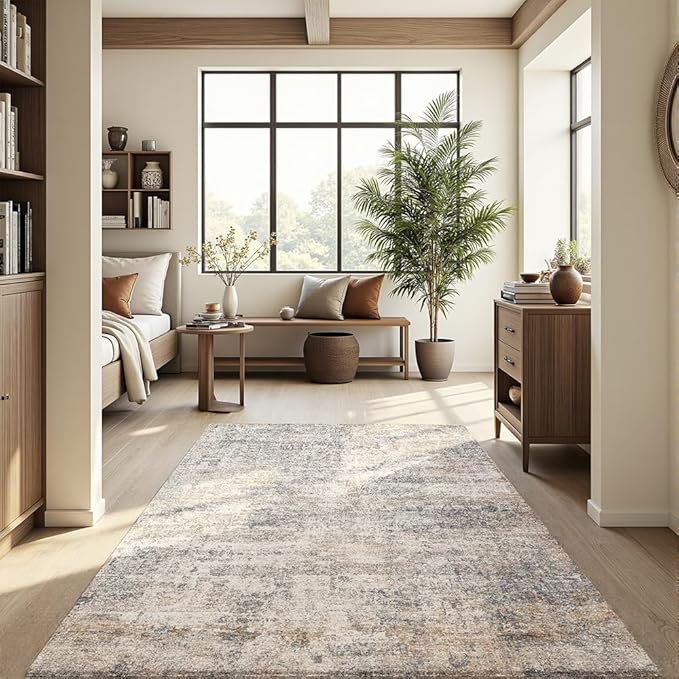 Area Rug 4x6 Washable Rug Grey and Beige for Living Room, Dining Room, Bedroom, Large Carpets, Non Slip & Non-Shedding Low Pile Vintage Print Rug for Home Office Decor