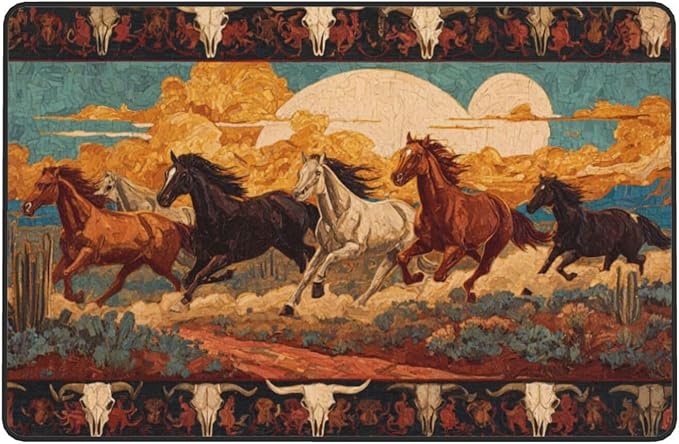 Horse Western Boho Ethnic Style Area Rug Washable Outdoor Rugs Anti-Slip Soft Carpet Entryway Indoor Door Mat for Bedroom,Living Room,Porch,Terrace and Entrance Decor 9'x 6'