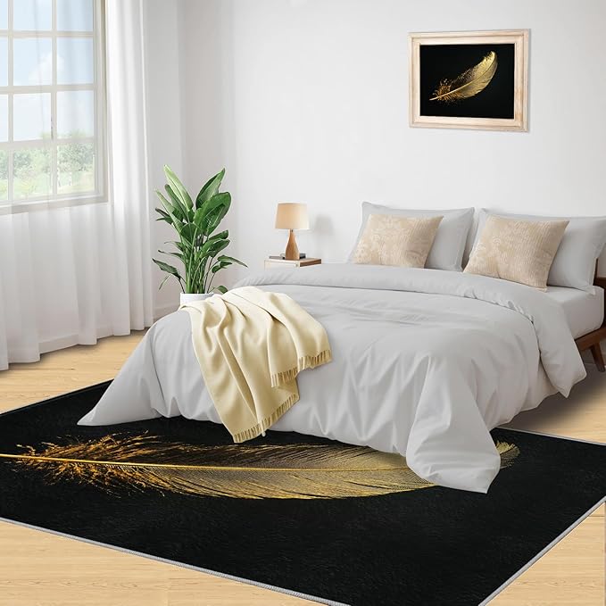 Golden Feathers Rugs for Bedroom - 4x5 Area Rug - Black Gold Feathers Rugs for Living Room, Modern Minimalist Art Rug, Washable Home Decor Carpet