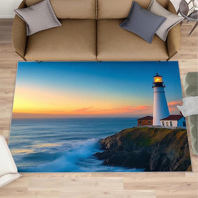 Coastal Rugs for Bedroom - 5x8 Area Rug - Ocean Lighthouse Rugs for Living Room, Sunset Ocean Scenery Rug, Non-Slip Washable Home Decor Carpet