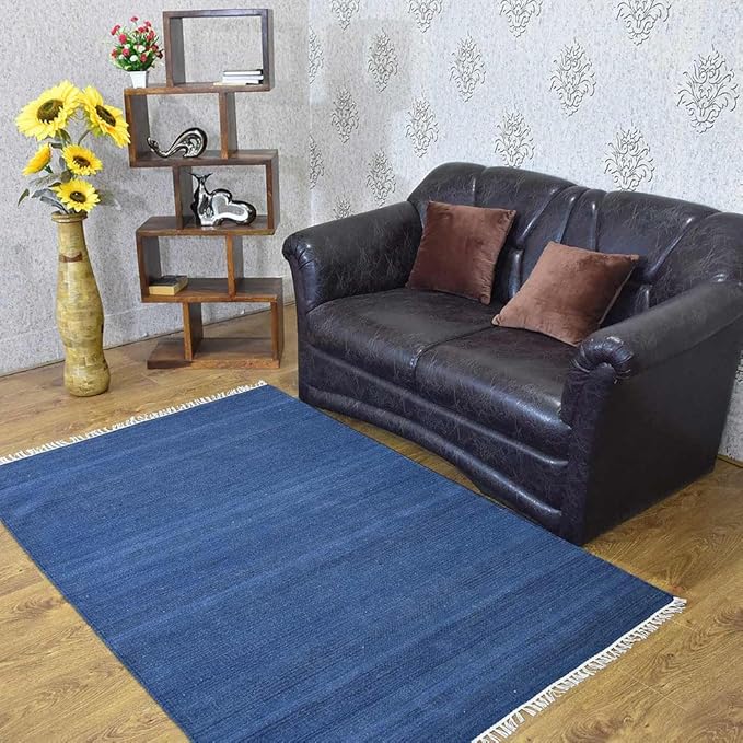 Rugsotic Carpets Hand Woven Flat Weave Kilim Wool ECO-Friendly Area Rugs - 9'x12', Rectangle Shape, Blue Color, Solid Plain Design, Low Pile Handmade Area Rugs for Living Room, Bed Room (D00111)