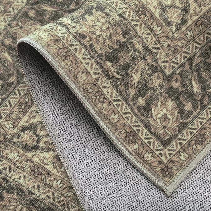 3x12 Washable Brown Runner Rug Vintage Hallway Kitchen Carpet Non-Slip Soft Low Pile Distressed Throw Rug for Bedroom Bathroom Laundry Living Room