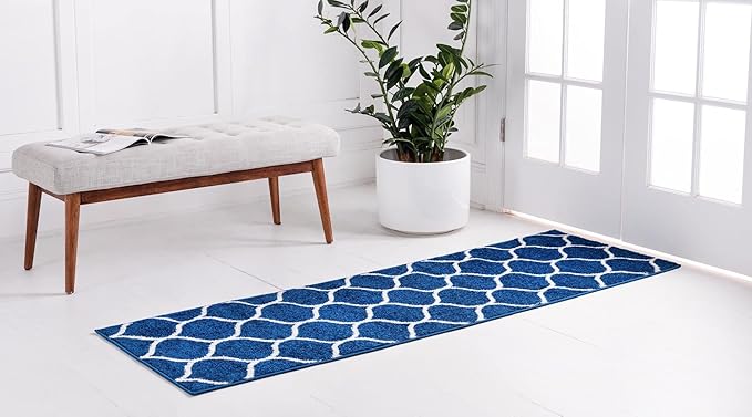 Rugs.com Lattice Frieze Collection Rug – 2' x 8' 8 Runner Navy Blue Medium Rug Perfect for Living Rooms, Large Dining Rooms, Open Floorplans