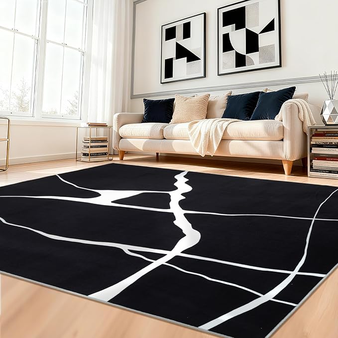 YIHOUSE Abstract Washable Rug 5x7,Ultra Thin Non Slip Black Rugs for Living Room,Modern Minimalist White Stripe Rugs for Bedroom,Dining Room Office Playroom (5'x7',Black-1)