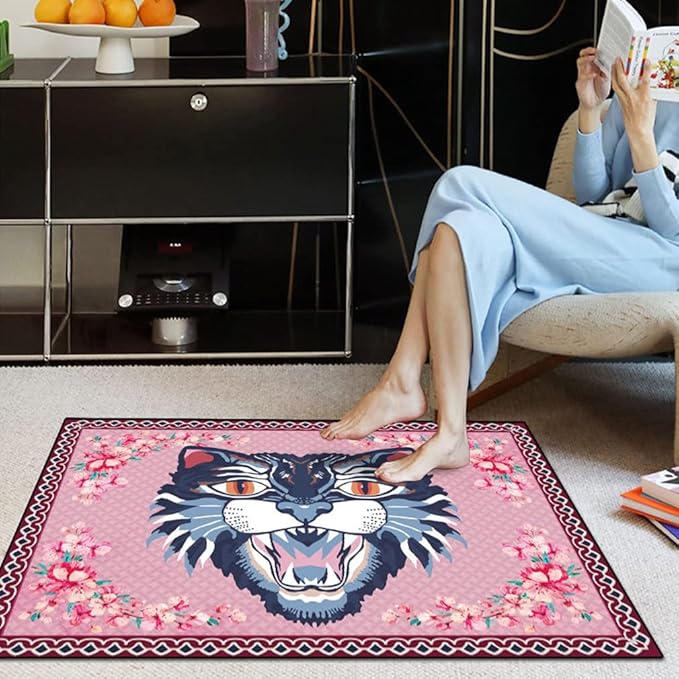 Cartoon Animal Pattern Area Rug Cute Cat Luxury Floral Decor for Carpet Farmhouse Bedroom Living Room Rugs Bathroom Kitchen Runner Mat Indoor Outdoor Non Slip Doormat 2' X 4'