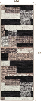 Indoor Runner Rug, Washable Runner Rug with Rubber Backing, Modern Geometric Patchwork Aesthetic Carpet for Bedroom, Living Room, Hallway, Entryway, Washable Rugs Rockwood Collection,2.7x8Ft Chocolate