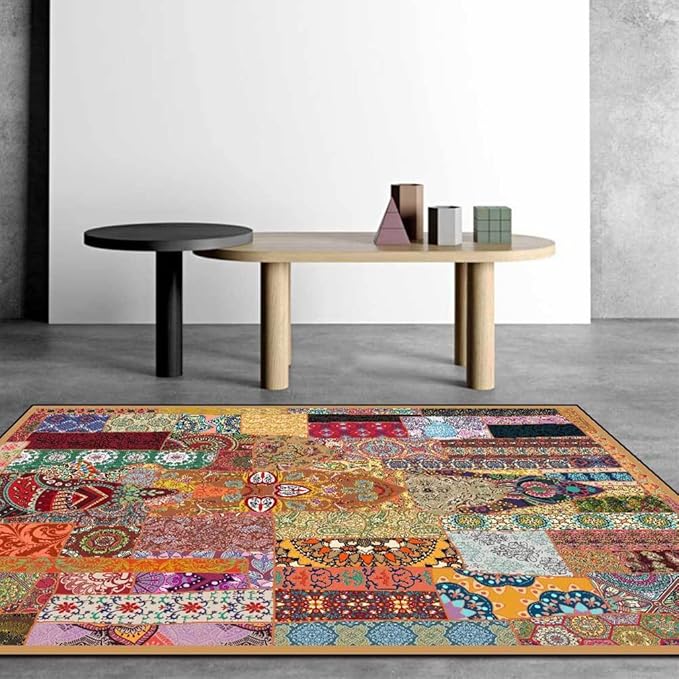 Vintage Boho Area Rugs Multicolor Ethnic Style Geometric Splicing Carpets Bedroom Living Room Kitchen Floor Mats Indoor Outdoor Non-Shedding Runner Rug Home Décor Carpet 4' X 5.2'