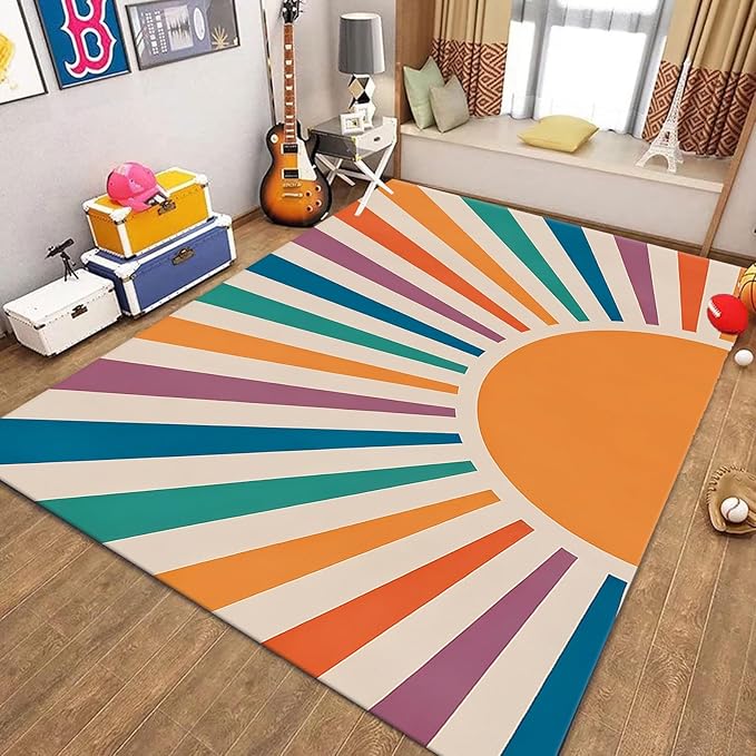 Rainbow Sun Area Rug,6x8ft,Colorful Boho Style Rug, Non-Slip Machine Washable Easy Care Carpet for Kids Girls Boys Bedroom, Living Room, Classroom, Office Decor