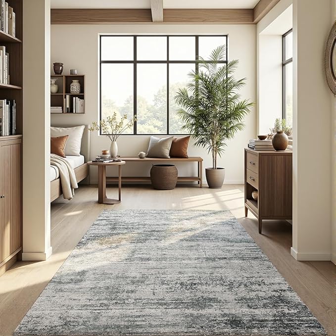 Area Rug 9x12 Washable Rug Grey for Living Room, Dining Room, Bedroom, Large Carpets, Non Slip & Non-Shedding Low Pile Vintage Print Rug for Home Office Decor