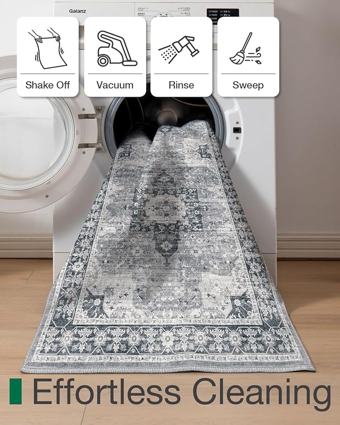 LUMI Runner Rug 3x7, Washable Non-Slip Hallway Throw Rugs, Long Soft Thin Vintage Oriental Kitchen Mats, Low-Pile Indoor Kitchen Entryway Area Rug, Dusty Blue