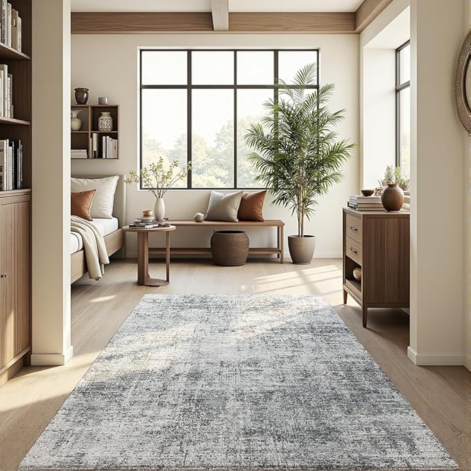 Area Rug 5x7 Washable Rug Light Grey for Living Room, Dining Room, Bedroom, Large Carpets, Non Slip & Non-Shedding Low Pile Vintage Print Rug for Home Office Decor