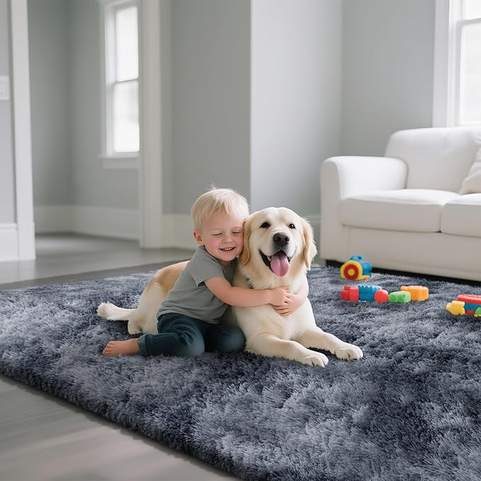 Fluffy Rug Shaggy Area Rug, Mottling Dark Grey 8x10 Area Rugs for Living Room, Large Shag Area Rugs for Bedroom Kids Room Home Decor, Upgrade Anti-Skid Rectangular Fuzzy Rugs