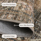 Bavni Washable Rug 9x12 Area Rug for Living Room Bedroom Dining, Washable Vintage Print Carpet, Ultra-Thin Chenille Low Pile Lightweight Rug with Non Slip Backing, Warm Taupe