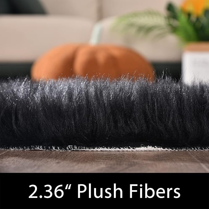 Latepis Area Rugs 12x12 Black Fuzzy Washable Rugs Faux Sheepskin Fur Rug for Living Room and Bedroom Shag Fluffy Rug for Floor Sofa Entertainment Room, Square