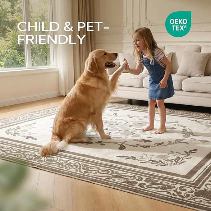 SOULFUL Medium Pile 8x10 Rugs for Living Room - Cozy Soft Underfoot Large Area Rug - Brown Boho Floral - Washable Non-Slip - Perfect for Bedroom Kids Room Under Dining Table Office