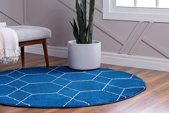 Unique Loom Trellis Frieze Collection Area Rug - Geometric (6' Round, Navy Blue/ Ivory)