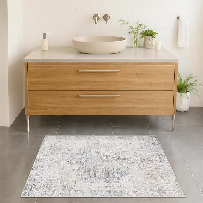 Light Blue 2x4 Runner Rug for Entryway Indoor, Kitchen Floor Waterproof, Bathroom, Powder Room, Washable Non Slip Low Pile Stain & Fade Resistant, Modern Eclectic Dusty Blue Décor