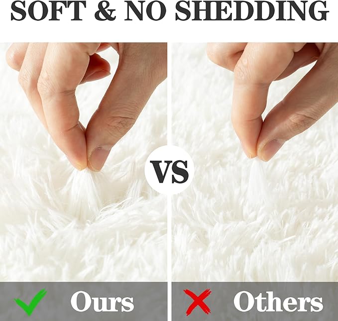 Soft Fluffy Rugs for Bedroom, Cream White Fuzzy Shaggy Oval Bedside Area Rug Set of 2, Non-Slip Cozy Plush Shag Carpet for Kids Room Nursery Dorm Living Room, 2.6 x 5.3 Feet