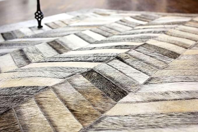 Chevron Pattern Faux Cowhide Area Rug | Non-Slip Leather Carpet for Living Room, Bedroom, and Office | Modern Designer Rug for Home Décor(6x9 ft_Grey)