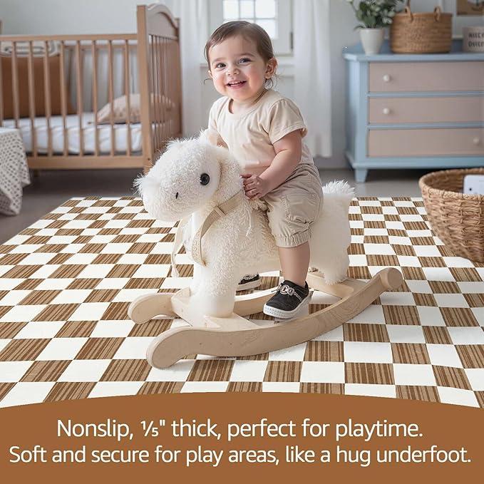 jinchan 4x6 Brown Checkered Area Rugs for Kids Room - Machine Washable Rug Modern Neutral Geometric Lattice Soft Non-Slip Carpet for Nursery Playroom Bedroom Entryway Living Room Home Office