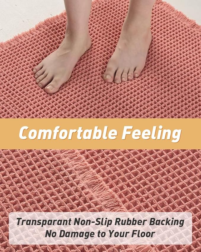 AMOAMI Upgraded Waffle Runner Rug Super Absorbent Non Slip Bath Mats for Bathroom Machine Washable Bathroom Runner Rug with Tassels, Ideal for Hallway Bedroom Laundry Room, Coral, 2'x 5'(24" x 60")