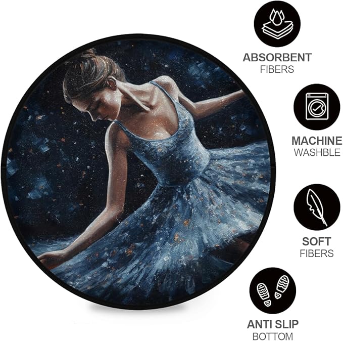 Washable Small Round Area Rug with Non-Slip Backing and Ballerina Painting Perfect for Indoor or Outdoor Use in Living Room, Bedroom, or Office