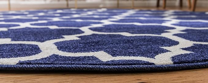 Rugs.com Lattice Collection Rug – 6 Ft Round Dark Blue Medium Rug Perfect for Kitchens, Dining Rooms
