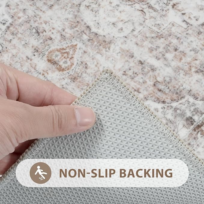 Uphome Bathroom Rugs Runner, Distressed Farmhouse Boho Light Khaki Bath Mat, Non Slip Washable Long Bath Rugs, Vintage Traditonal Soft Velvet Bathroom Runner for Bathtub Sink Shower, 20x60 inch