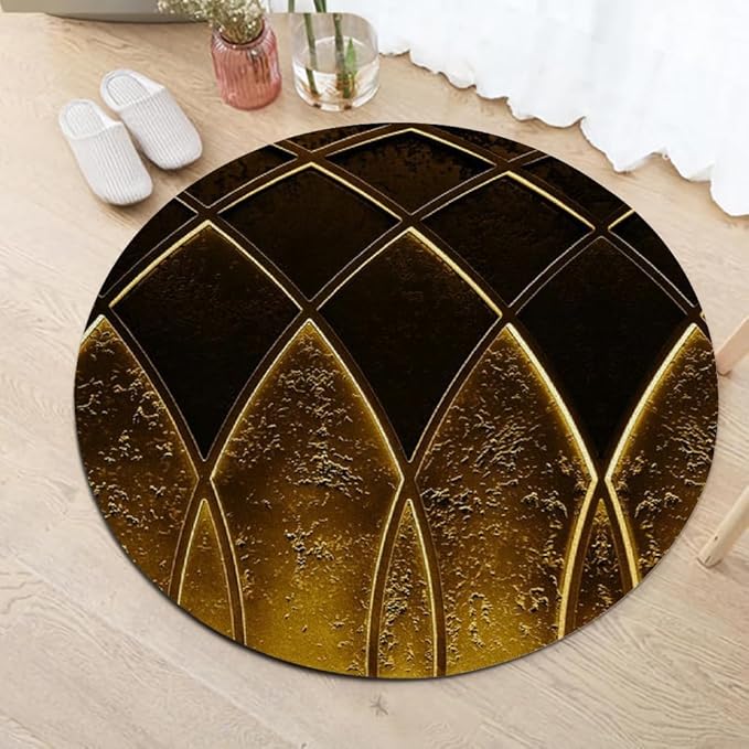 Luxury Black Gold Round Rug Vintage Golden Texture Living Room Circle Area Rugs 4ft Washable Soft Non Slip Low Pile Indoor Floor Carpet for Bedroom Office Kitchen Coffee Table