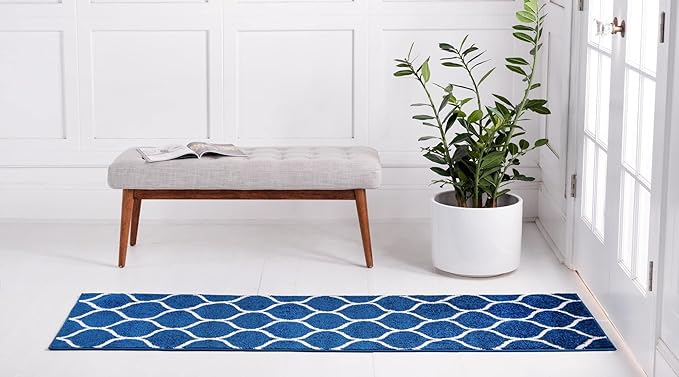 Rugs.com Lattice Frieze Collection Rug – 2' x 13' Runner Navy Blue Medium Rug Perfect for Living Rooms, Large Dining Rooms, Open Floorplans