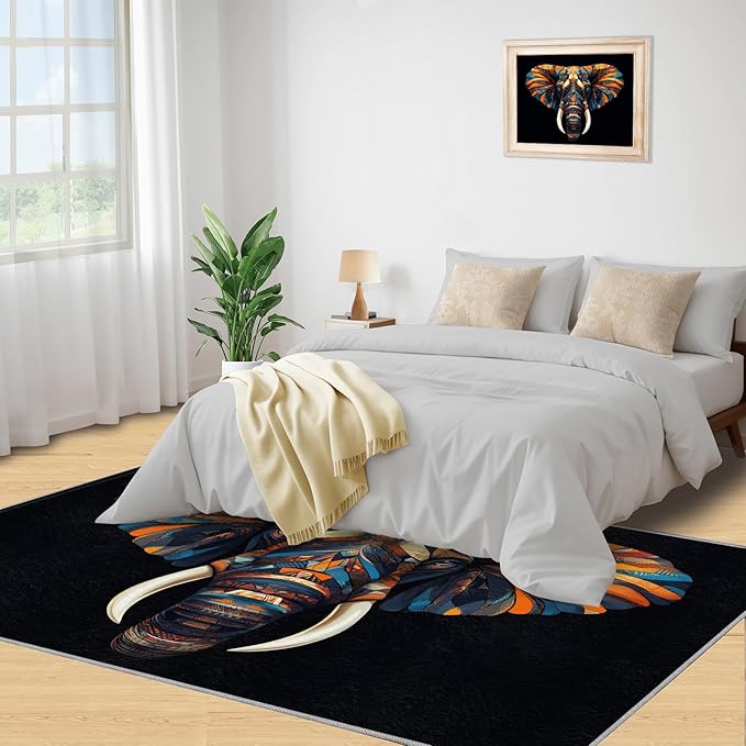 Indian Gods Rugs for Bedroom - 4x5 Area Rug - Ganesha Rugs for Living Room, Abstract 3D Ganesha Rug, Non-Slip Washable Home Decor Carpet