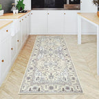 GLN Rugs Traditional Collection - Machine Washable Area Rug, Traditional Washable, Non Slip, Low Pile Chenille Rug, Living Room, Bedroom, Kitchen Rug (2'6" x 7' Cream/Gray)
