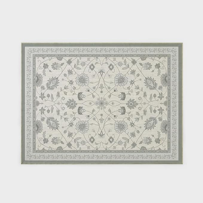 EVERGRACE Area Rugs for Living Room 9x12, Boho Floral Faux Wool Indoor Outdoor Rugs, Washable Rugs for Bedroom Dining Room Entryway Kitchen, Low Pile Floor Mat Carpet for Home Decor, Cool Gray