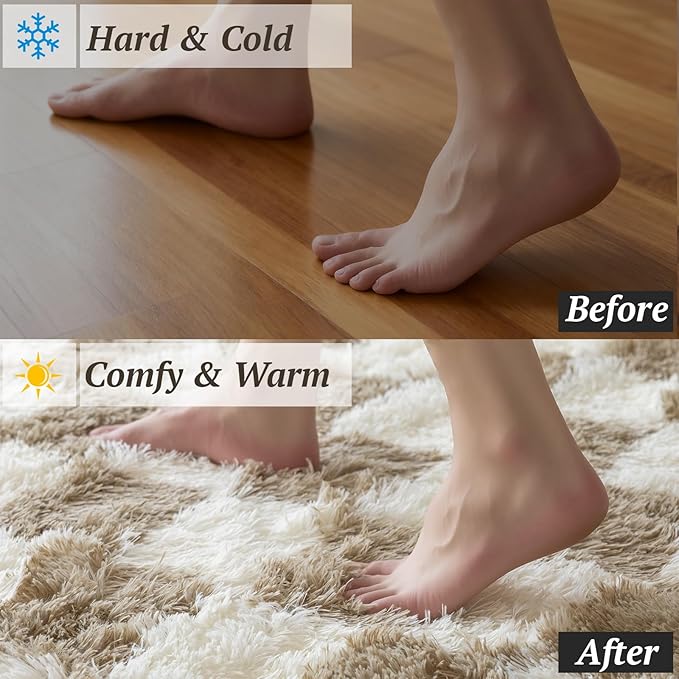8x10 Area Rugs for Living Room Bedroom, Soft Fluffy Shaggy Bedside Rug, Indoor Floor Carpet for Kids Playroom, Dorms, Nursery Rooms, Home Decor (Camel & White 8'x10')