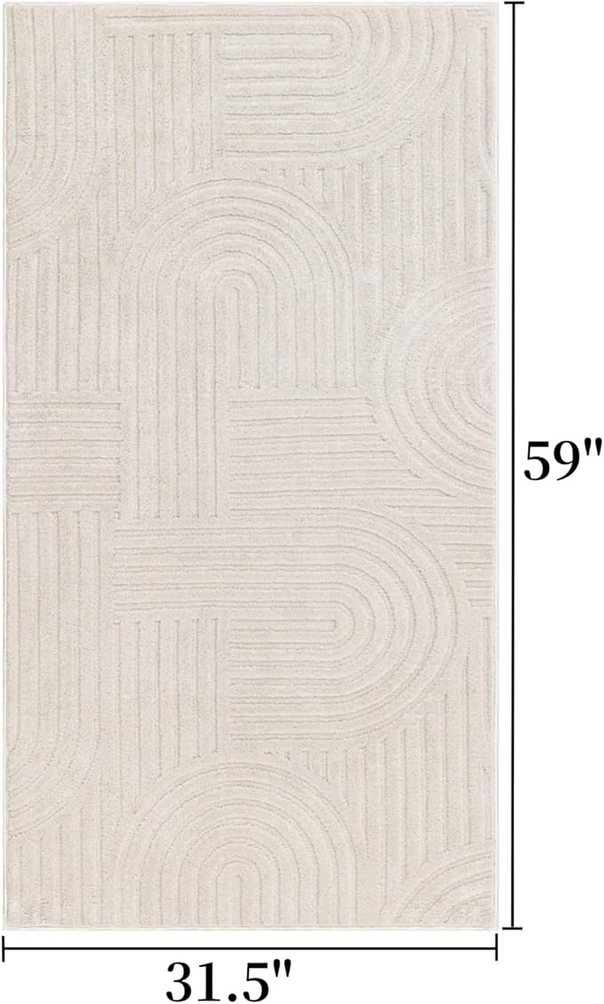 SHACOS Soft Fluffy Arch Pattern Area Rug 2'7"x5' Non Slip Washable Minimalist Modern High-Low Geometric Carpet for Living Room Kitchen Bedroom Bathroom, Beige