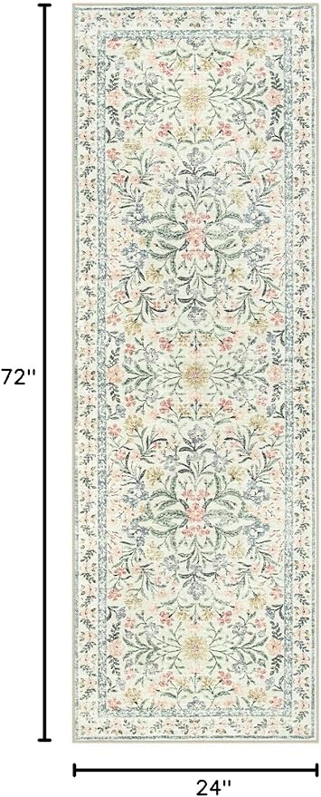 Morebes Washable Runner Rug 2x6,Bathroom Runner Rugs 24 x 72 Non Slip Washable,Vintage Boho Ultra-Thin Indoor Throw Carpet Runner for Hallway Entry Bedroom Laundry Room, Cream/Multi