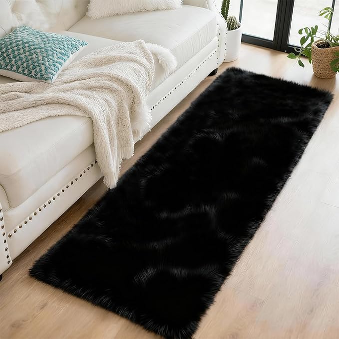 2x6 Solid Fluffy Black Area Rug – Washable, Durable, Small Bedroom Runner Rug, Non-Slip Shag Rugs for Hallway, Living Room, Bedroom, Bedside, Dorms, Kids Room, Nursery Rooms, Soft Indoor Carpet