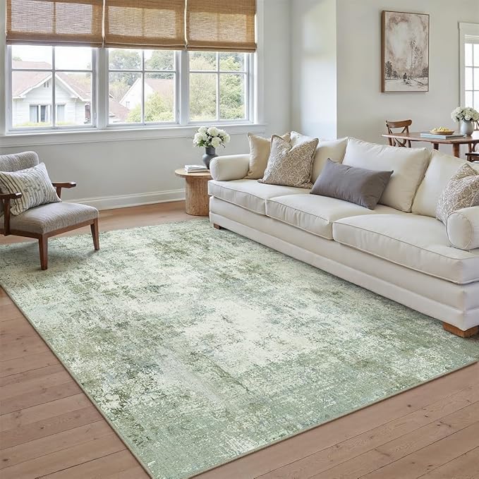 5x7 Washable Area Rug Sage Green Abstract Living Room Bedroom Carpet Neutral Modern Non-Slip Soft Low Pile Lightweight Vacuumable Throw Rug for Dining Room Entryway