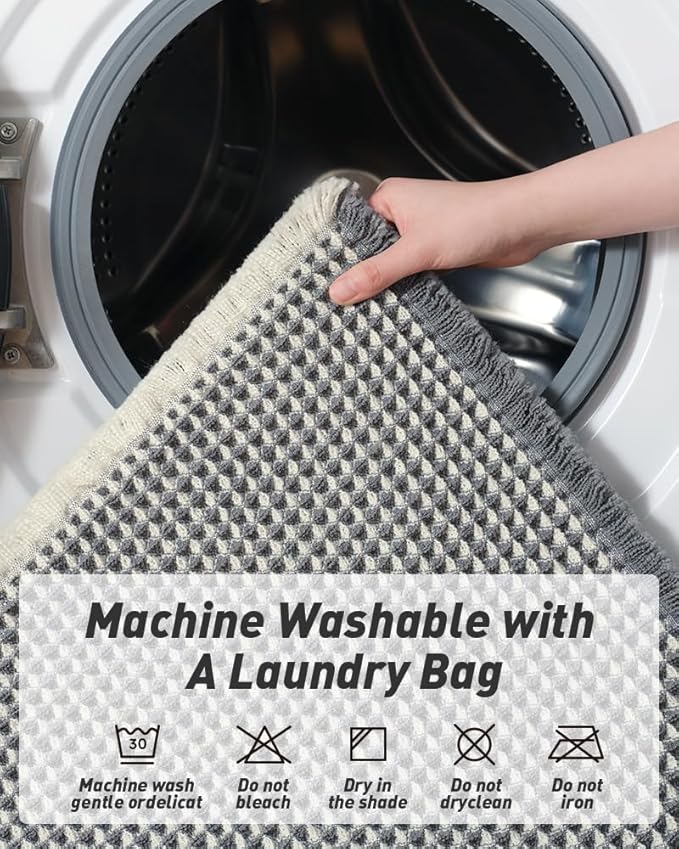 Upgraded Waffle Bath Mat, Super Absorbent Non Slip Bath Mats for Bathroom Floor, Machine Washable Bathroom Rugs with Tassels, Rubber Backed Bathroom Mats, Ultra Soft, 18" x 30",DarkGrey & Cream