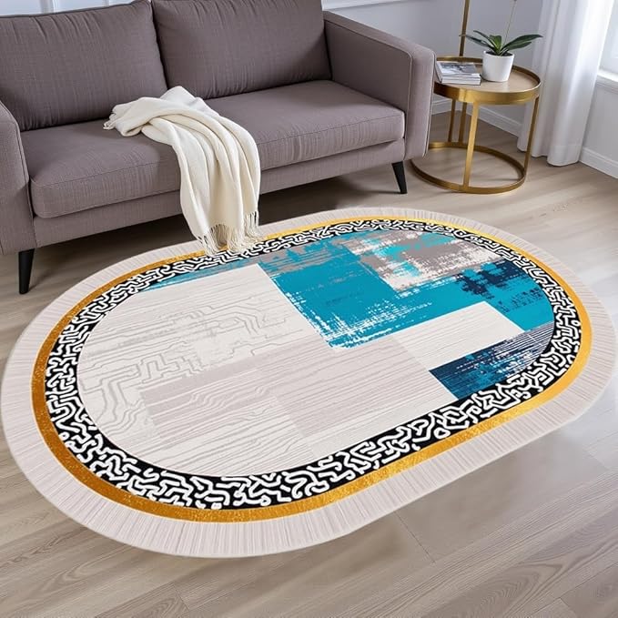 Vintage Luxury Grey Blue Gold Abstract Geometric Texture Oval Area Rug 2x3 for Living Room Bedroom Dining Room Minimalist Bordered Large Rugs Nursery Dorm Kitchen Entryway Soft Non Skid Floor Carpet
